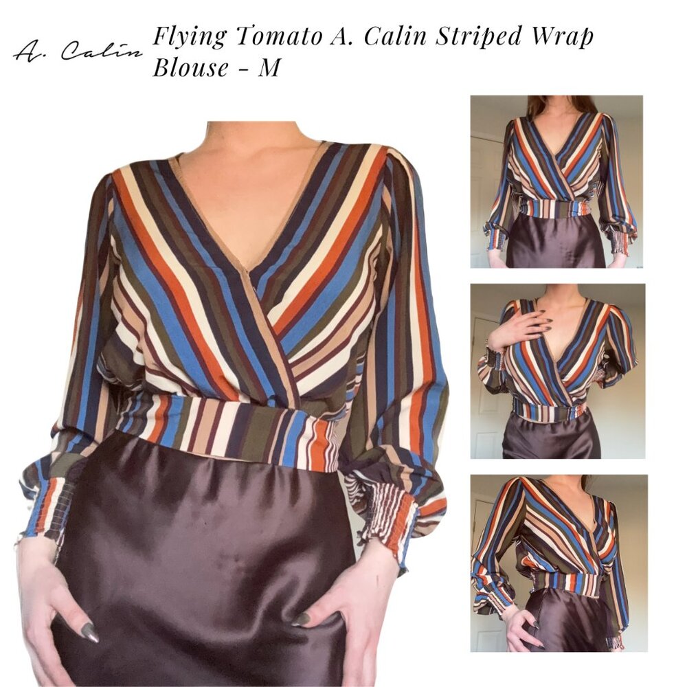 Flying Tomato A. Calin Striped Wrap Blouse - V-Neck Tie Waist - M